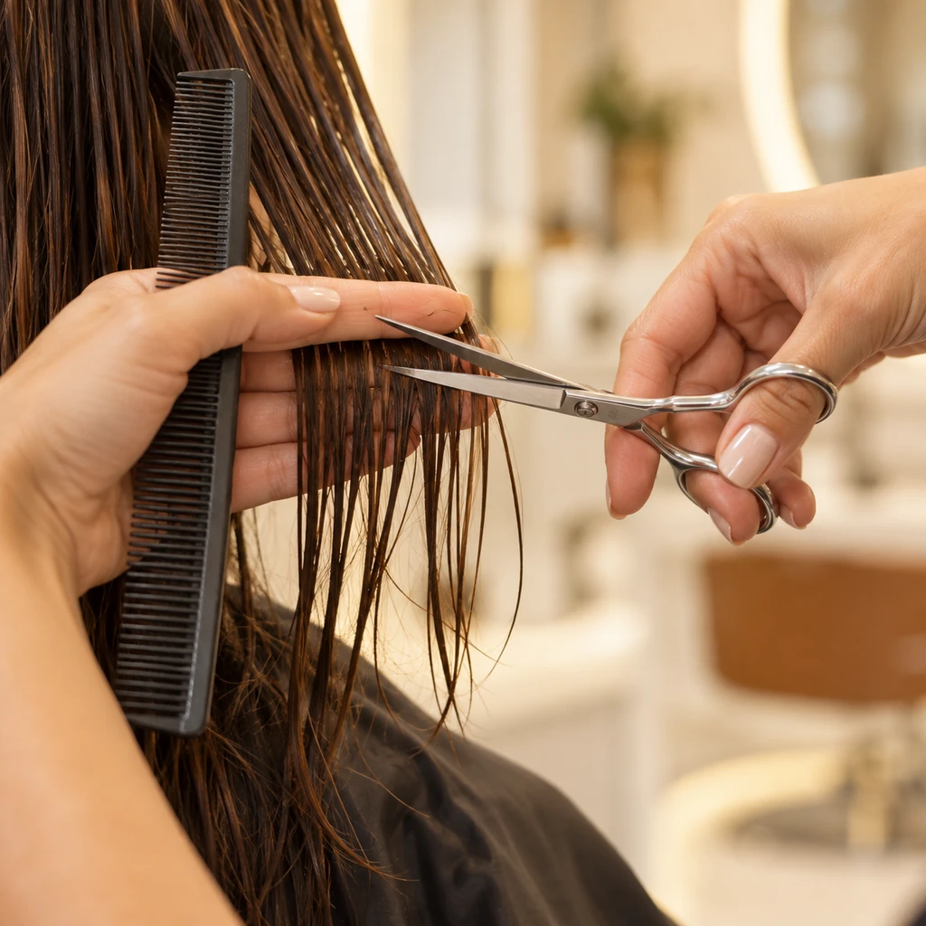 Imagem ilustrativa de corte de cabelo com tesoura e pente.