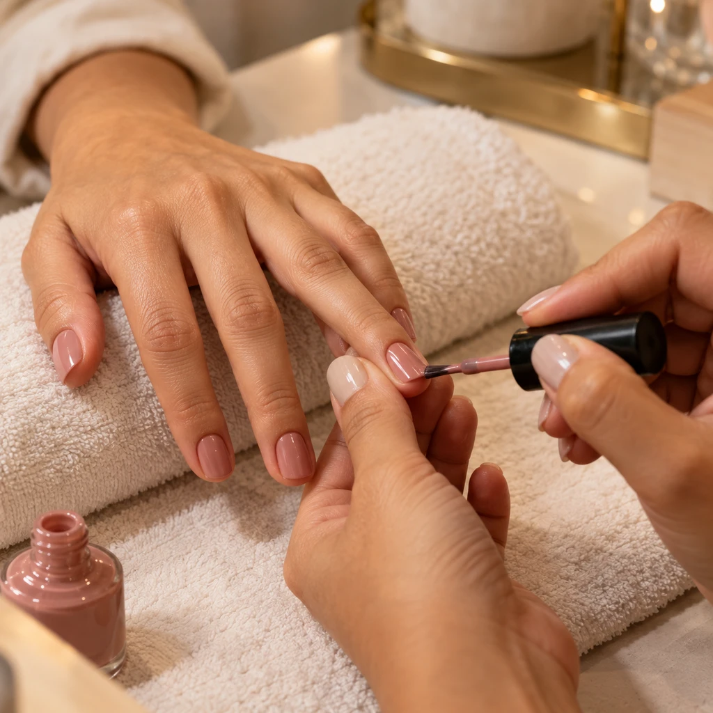 Imagem ilustrativa de manicure aplicando esmalte nude nas unhas.